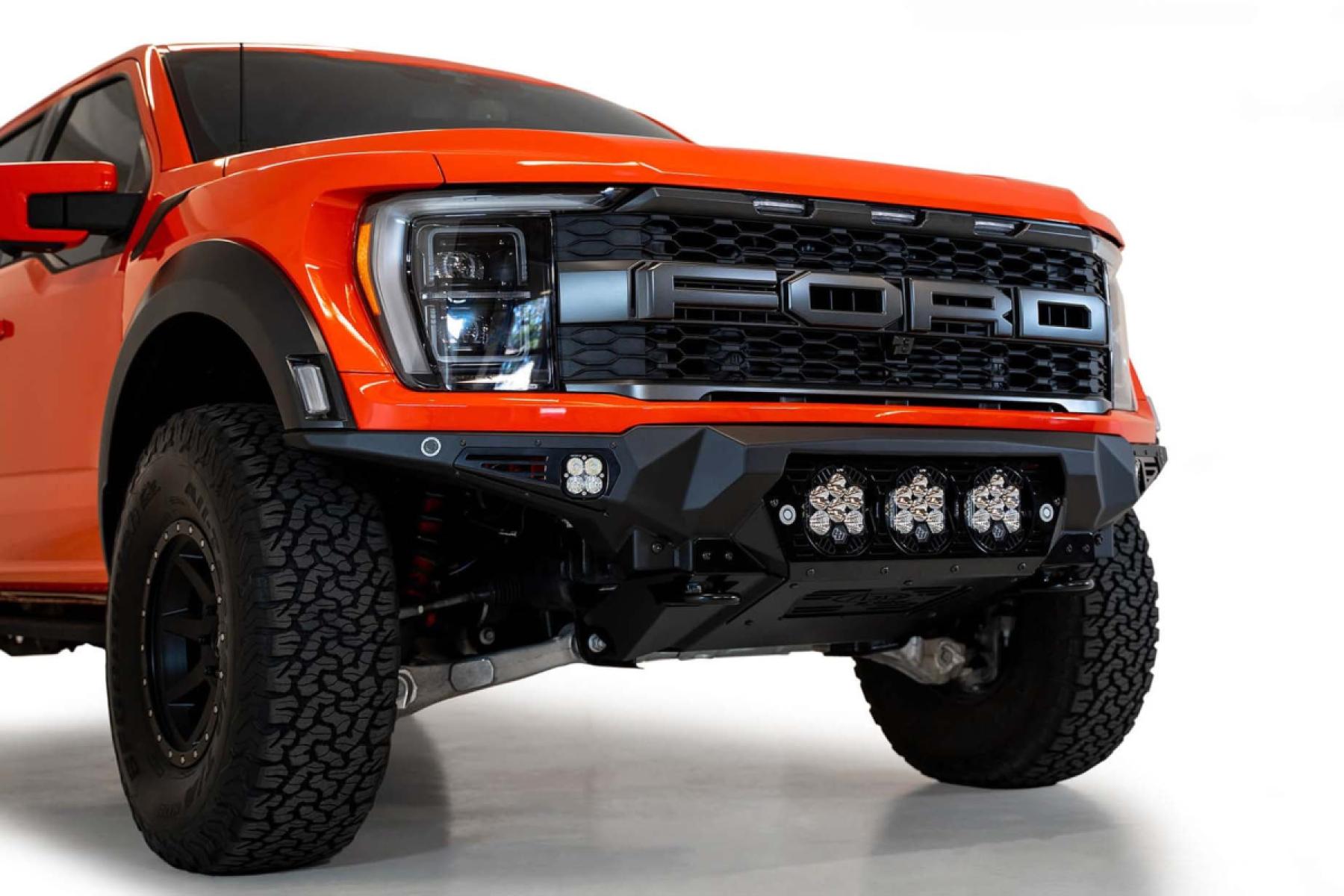 White Raptor R With Add Bumpaer Raptor R Bomber Front Bumper (Baja Designs) - 2021-2025 Ford F-150 ...