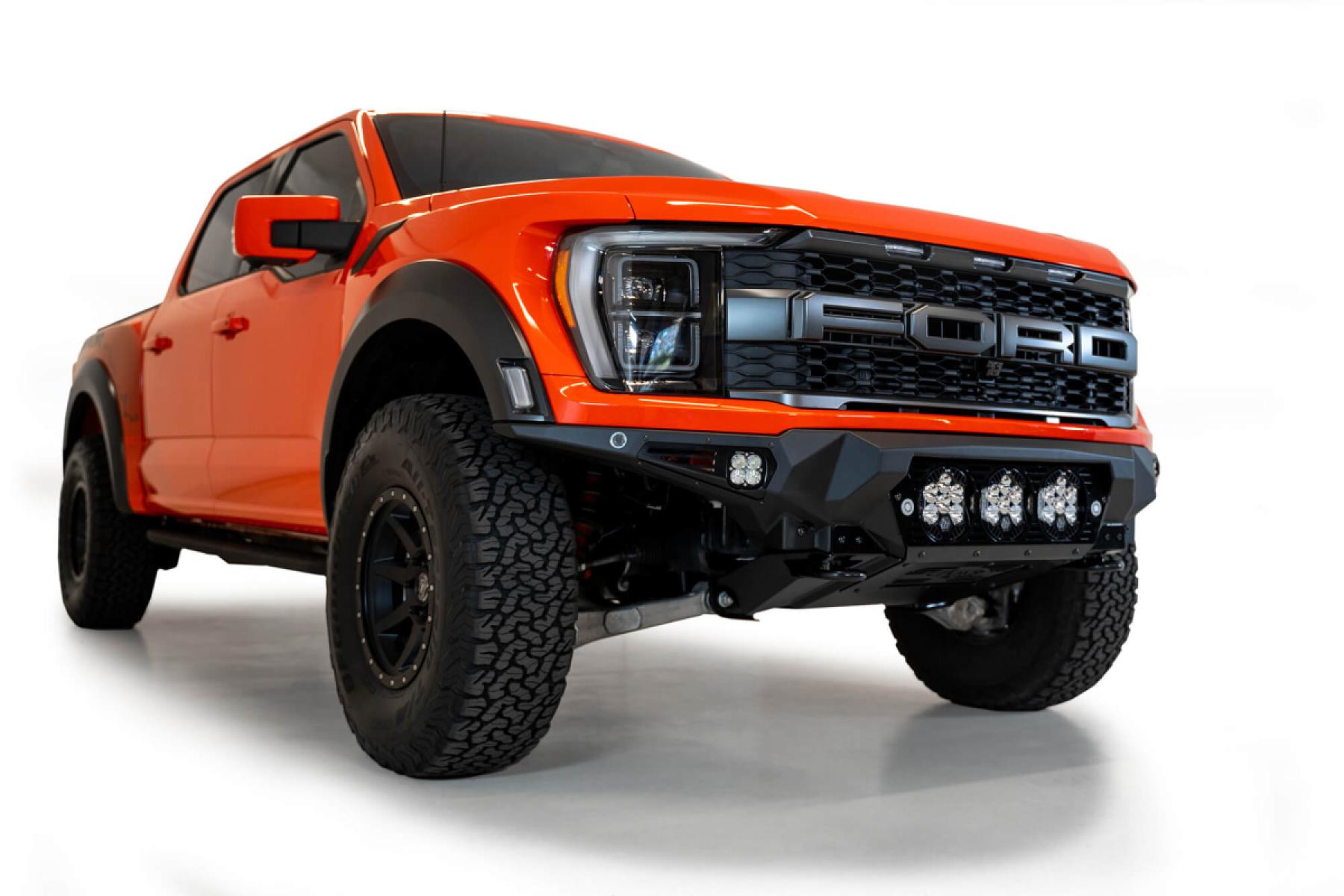 White Raptor R With Add Bumpaer Raptor R Bomber Front Bumper (Baja Designs) - 2021-2025 Ford F-150 ...